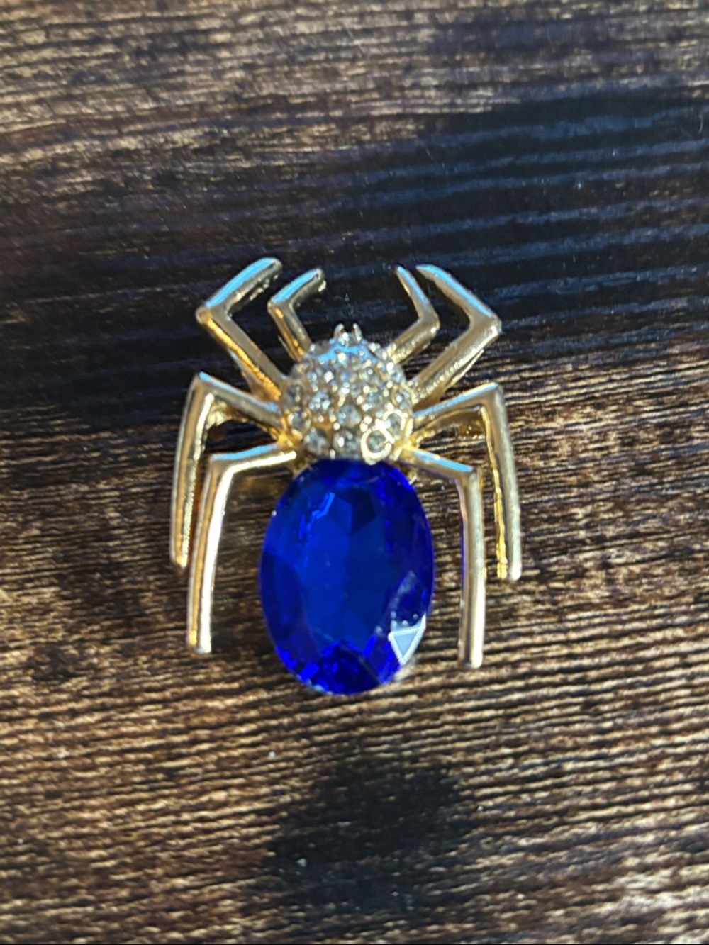 Mint Gold Spider Brooch with Royal Blue Gem